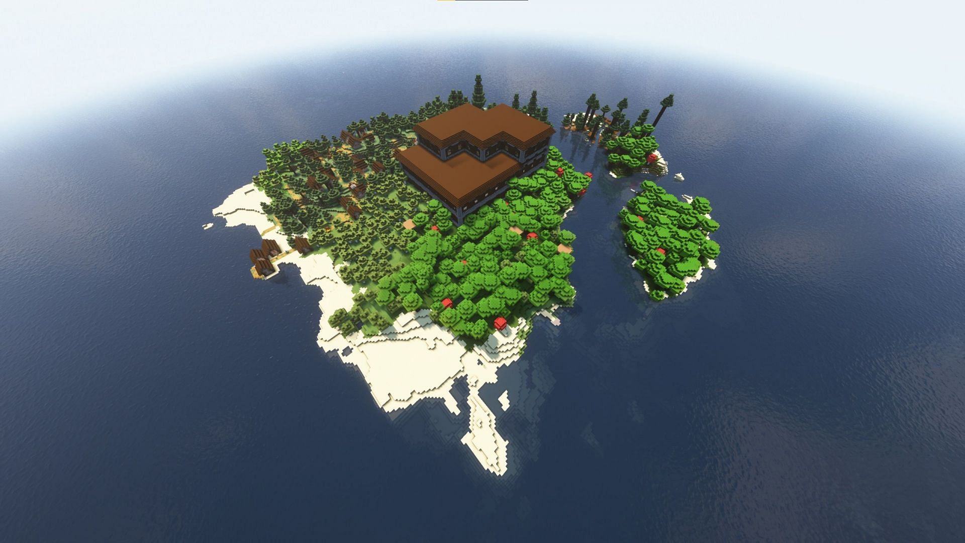 A survival spawn island with multiple structures (Image via u/stofix_ on Reddit)